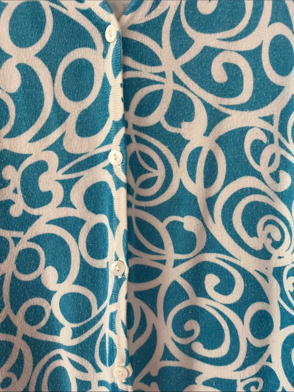 Pierri New York Turquoise and White Swirl V-Neck Button Cardigan - Picture 3 of 5